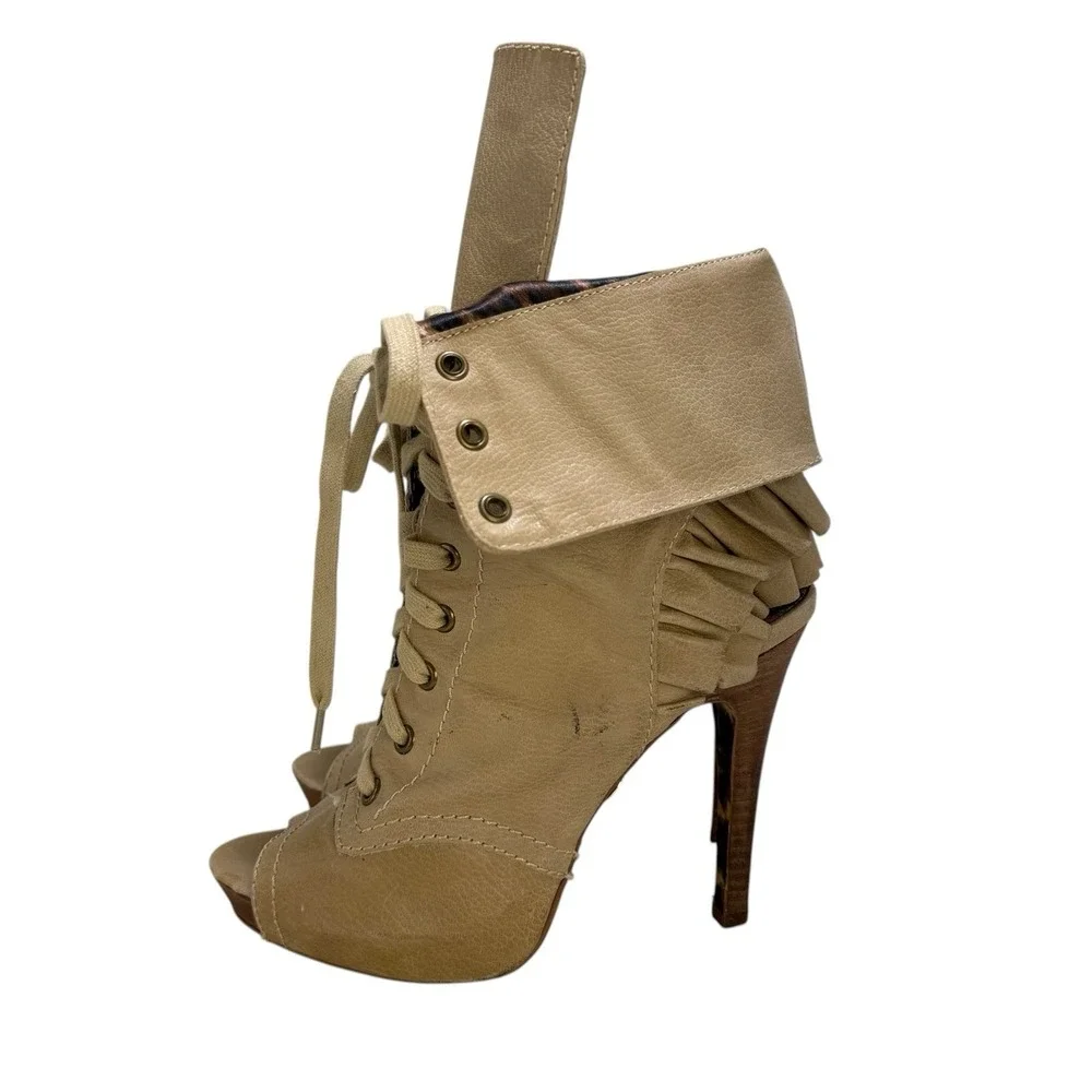 Betsey Johnson Open Toe Stiletto Leather Booties Ruffle Open Heel Lace Up 8.5M